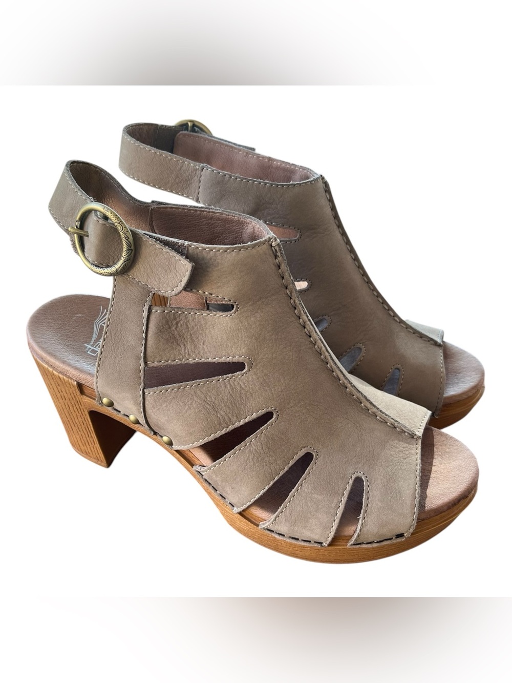 Dansko Demetra Taupe Heeled Peep Toe Sandal Sz 38 US 7.5-8 Nubuck Leather EUC